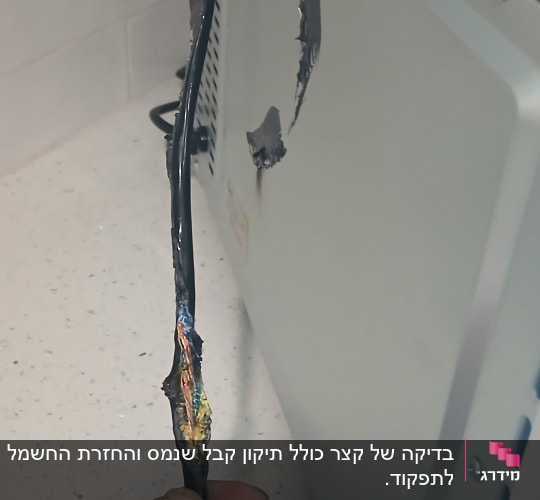 כבל חשמלי שרוף מוחזק ביד ליד מכשיר חשמלי